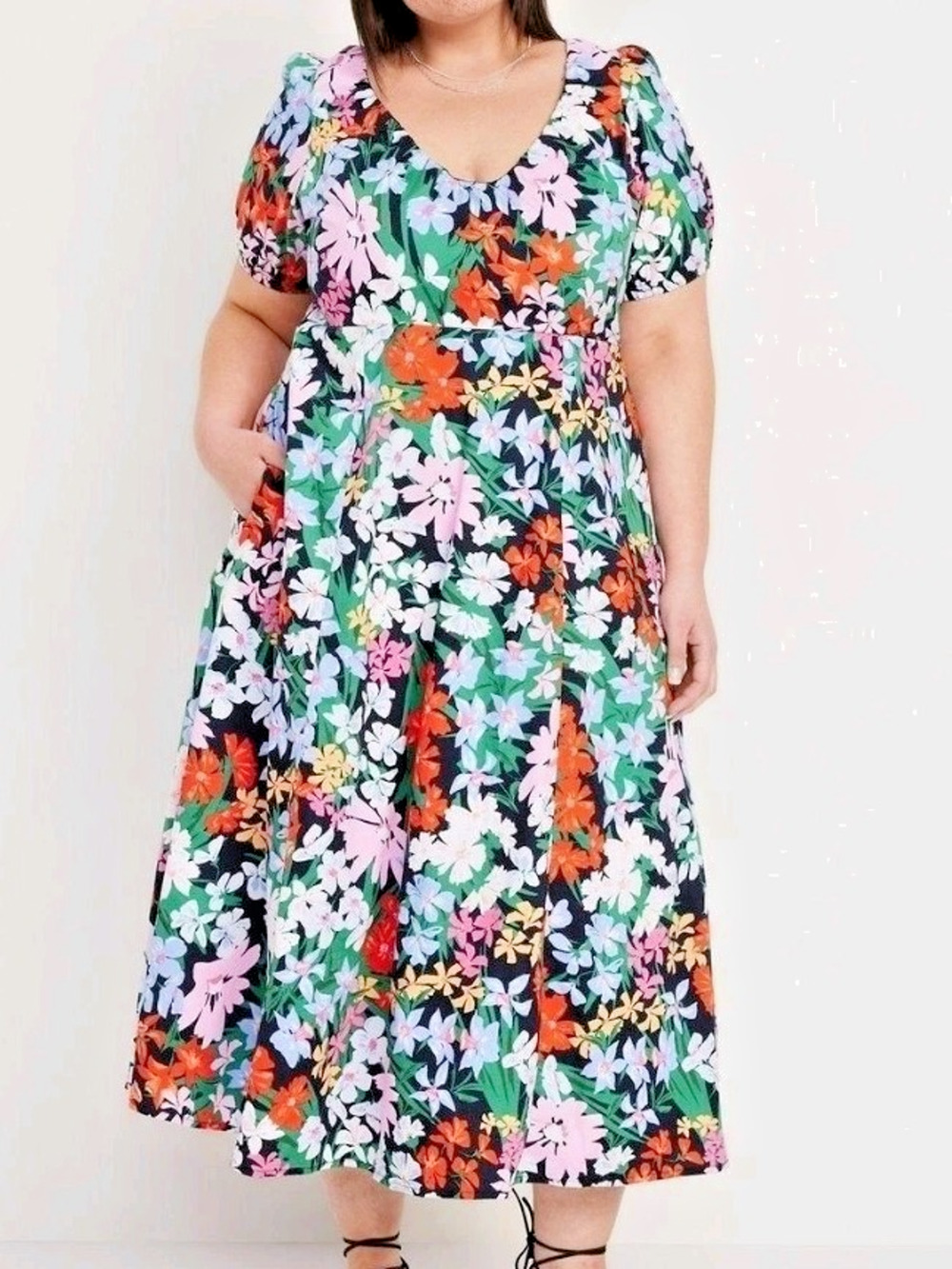 OLD NAVY Smocked V-Neck Puff Short Sleeve Midi Dress Large Floral Garden